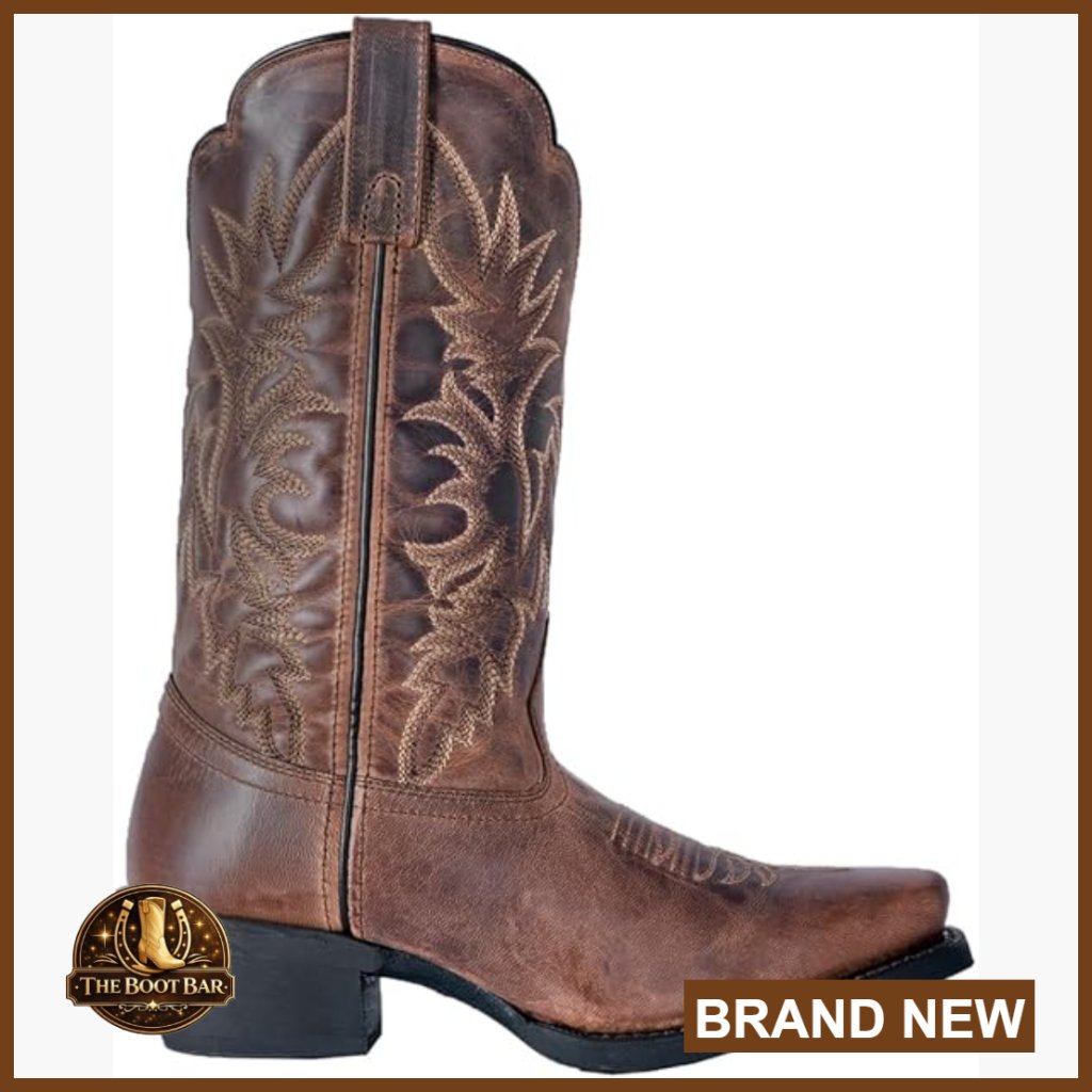 Distressed Leather Western Boots Mid Calf Square Toe Casual